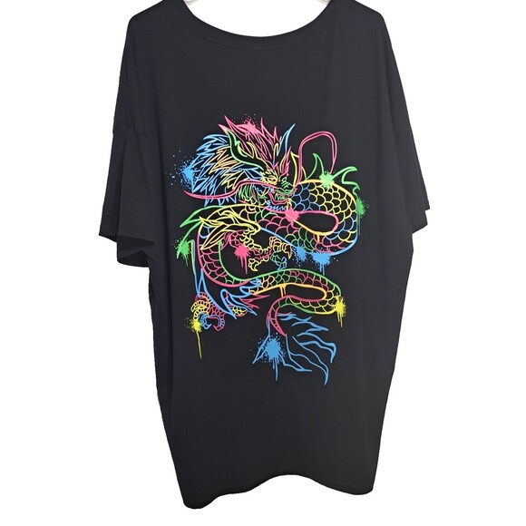 SHEIN Tops - Shein Womens Black Shirt Top Short Sleeve Dragon Printed Stretch Round Neck 1XL